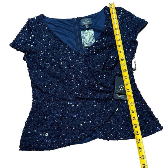 NWT Adrianna Papell Womens Sequin Bead Top Cap Sleeve Wrap Front Formal Navy 10 - Picture 8 of 13